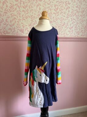 Girls Navy Unicorn Dress with Rainbow Stripe Sleeves